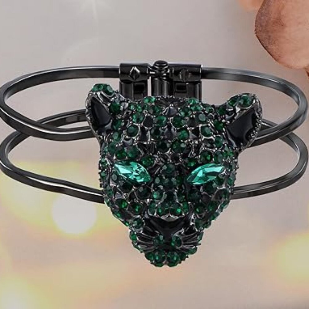 Neiman Marcus Rhinestone Black Enamel Jaguar Bangle Bracelet